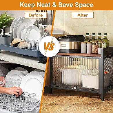 Bakers Rack Carbon Steel Kitchen Storage Cabinet with Microwave Stand & Translucent Door