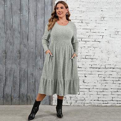 Plus Size Women Long Sleeve Crew Neck Ruffled Hem Midi Dress