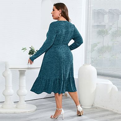 Plus Size Women Long Sleeve Crew Neck Ruffled Hem Midi Dress