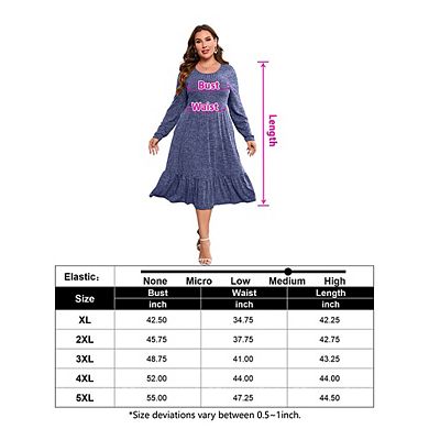 Plus Size Women Long Sleeve Crew Neck Ruffled Hem Midi Dress