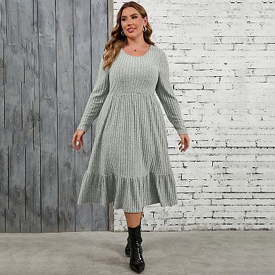 Plus Size Women Long Sleeve Crew Neck Ruffled Hem Midi Dress