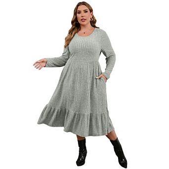 Plus Size Women Long Sleeve Crew Neck Ruffled Hem Midi Dress