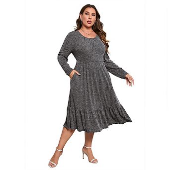 Plus Size Women Long Sleeve Crew Neck Ruffled Hem Midi Dress