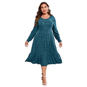 Plus Size Women Long Sleeve Crew Neck Ruffled Hem Midi Dress