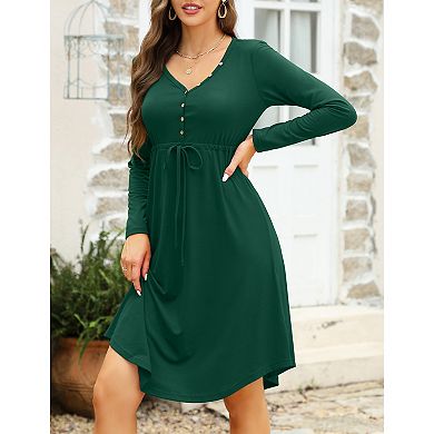 Women Long Sleeve Button V Neck A-line Dress