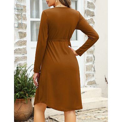 Women Long Sleeve Button V Neck A-line Dress