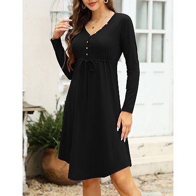 Women Long Sleeve Button V Neck A-line Dress