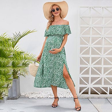 Women Off Shoulder Ruffle Sleeve Slit Maternity Midi Dress