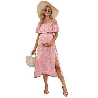 Women Off Shoulder Ruffle Sleeve Slit Maternity Midi Dress