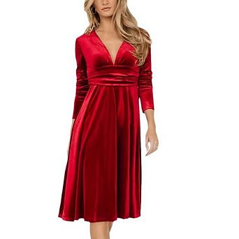 Womens Long Sleeve Velvet Dress V Neck Holiday Cocktail Party Midi Dresses for Fall Wedding Guest