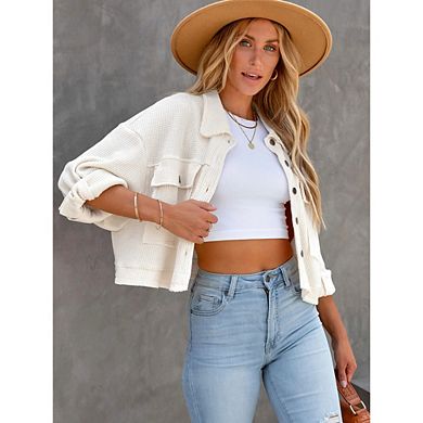 Womens Causal Cropped Shacket Button Down Corduroy Shacket Jackets Long Sleeve Crop Jackets Tops