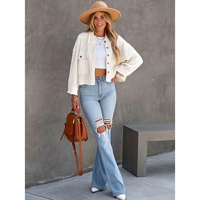 Womens Causal Cropped Shacket Button Down Corduroy Shacket Jackets Long Sleeve Crop Jackets Tops