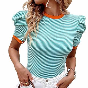 Women's Contrast-Trim Striped Puff-Sleeve Tee Slim-Fit Blouse Versatile Top