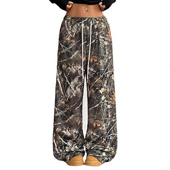Women's Camo Pants Wide Leg Baggy Sweatpants Y2K Boyfriend Elastic Waist Drawstring Loose Pants