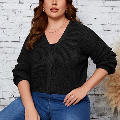 Women's Plus Size Cardigan Knit V-Neck Button Down Cropped Sweater Outfits