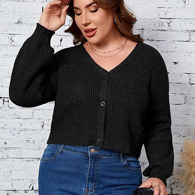 Women's Plus Size Cardigan Knit V-Neck Button Down Cropped Sweater Outfits