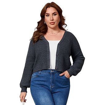 Women's Plus Size Cardigan Knit V-Neck Button Down Cropped Sweater Outfits