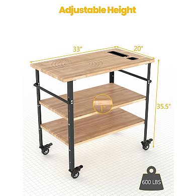 IDEALHOUSE 33 Inch 100% Bamboo Pizza Prep Table with Wheels