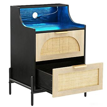 2 pc Rattan Nightstand with Charging Station, USB Ports, Outlets & LED Lights for Bedroom