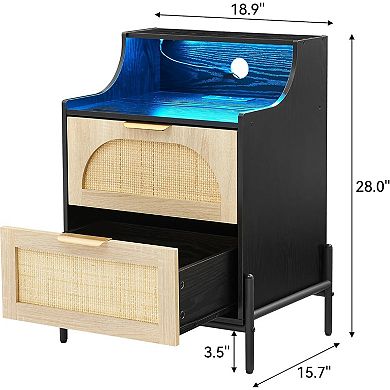 2pc Rattan Nightstand with Charging Station, USB Ports, Outlets & LED Lights for Bedroom