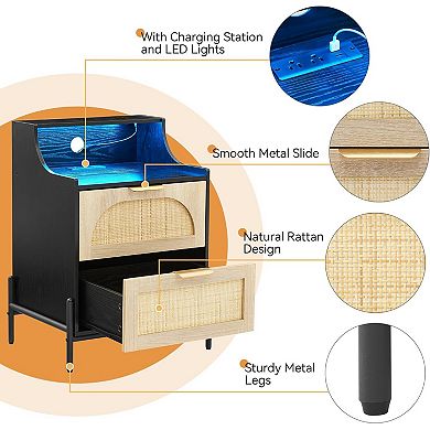 2pc Rattan Nightstand with Charging Station, USB Ports, Outlets & LED Lights for Bedroom
