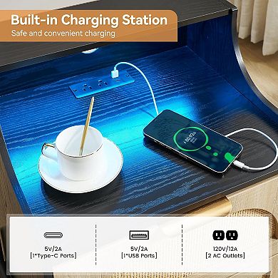 2pc Rattan Nightstand with Charging Station, USB Ports, Outlets & LED Lights for Bedroom