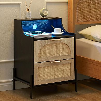 2pc Rattan Nightstand with Charging Station, USB Ports, Outlets & LED Lights for Bedroom