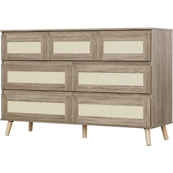 47.2" Rattan 7-Drawer Dresser with Wood Legs, Wide Storage Chest for Bedroom or Living Room