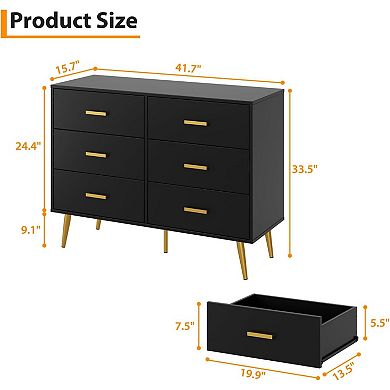 6-Drawer Wide Wooden Chest, Sliding-Drawer Storage Unit for Bedroom or Office