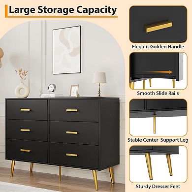 6-Drawer Wide Wooden Chest, Sliding-Drawer Storage Unit for Bedroom or Office