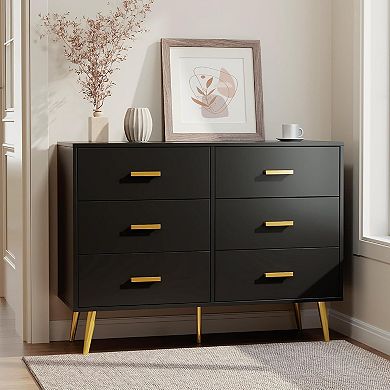 6-Drawer Wide Wooden Chest, Sliding-Drawer Storage Unit for Bedroom or Office