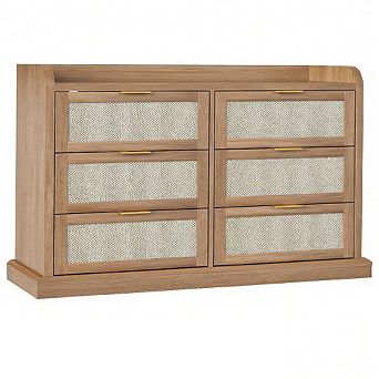 47.2" Rattan 6-Drawer Dresser with Golden Handles, Boho Wood Storage Chest for Bedroom/Living Room
