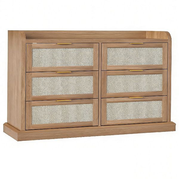 47.2" Rattan 6-Drawer Dresser with Golden Handles, Boho Wood Storage Chest  for Bedroom/Living Room