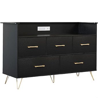 47" Dresser with LED Lights & Charging Station, 5-Drawer Modern Storage for Bedroom or Living Room