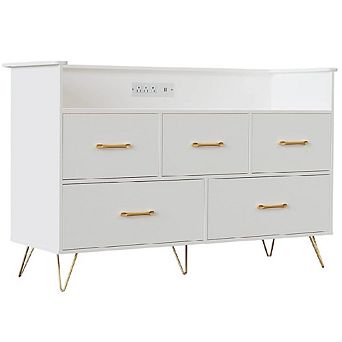 47" Dresser with LED Lights & Charging Station, 5-Drawer Modern Storage for Bedroom or Living Room