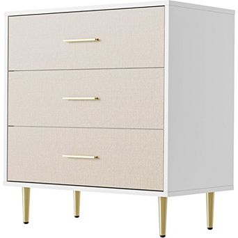 3-Drawer White Dresser with Gold Handles & Legs, Linen-Textured Modern Nightstand/Accent Cabinet