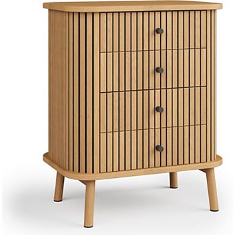 4-Drawer Wicker Chest with Matte Black Handles, Natural Wood Nightstand for Bedroom Storage