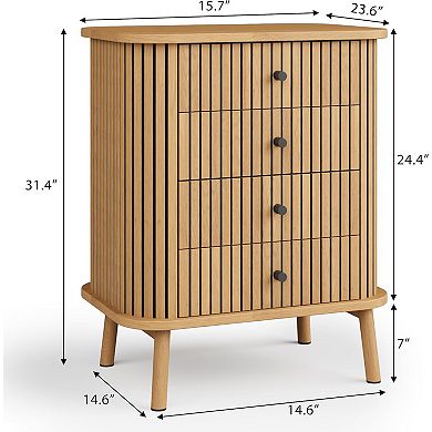 4-Drawer Wicker Chest with Matte Black Handles, Natural Wood Nightstand for Bedroom Storage