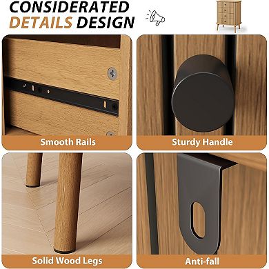 4-Drawer Wicker Chest with Matte Black Handles, Natural Wood Nightstand for Bedroom Storage