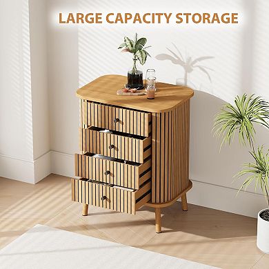 4-Drawer Wicker Chest with Matte Black Handles, Natural Wood Nightstand for Bedroom Storage