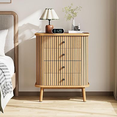 4-Drawer Wicker Chest with Matte Black Handles, Natural Wood Nightstand for Bedroom Storage