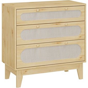 Modern Rattan Nightstand with Drawers, Light Oak Bedside Table with Storage