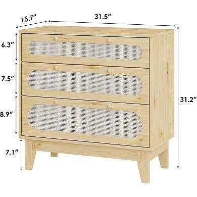 Modern Rattan Nightstand with Drawers, Light Oak Bedside Table with Storage