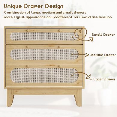 Modern Rattan Nightstand with Drawers, Light Oak Bedside Table with Storage