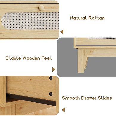 Modern Rattan Nightstand with Drawers, Light Oak Bedside Table with Storage