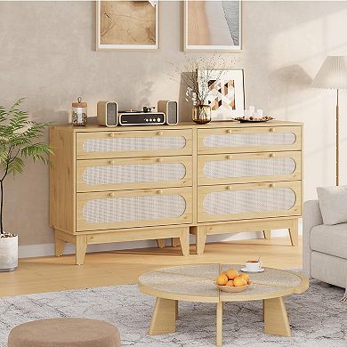 Modern Rattan Nightstand with Drawers, Light Oak Bedside Table with Storage