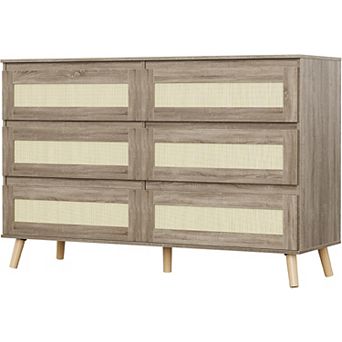 6-Drawer Modern Wood Dresser with Rattan Drawers, Wide Chest for Bedroom or Living Room
