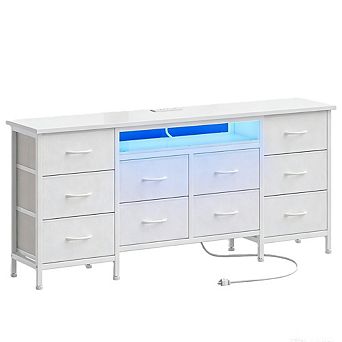 63" 10-Drawer TV Stand Dresser with Power Outlets & LED Lights, Fits 65-75" TVs