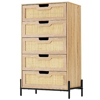 47" Rattan 5-Drawer Dresser, Retro Storage Chest with Display Top for Living Room or Bedroom