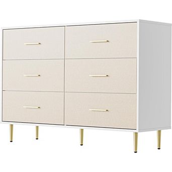 6-Drawer Modern White Dresser with Gold Legs & Handles, Large Wooden Storage Cabinet for Bedroom